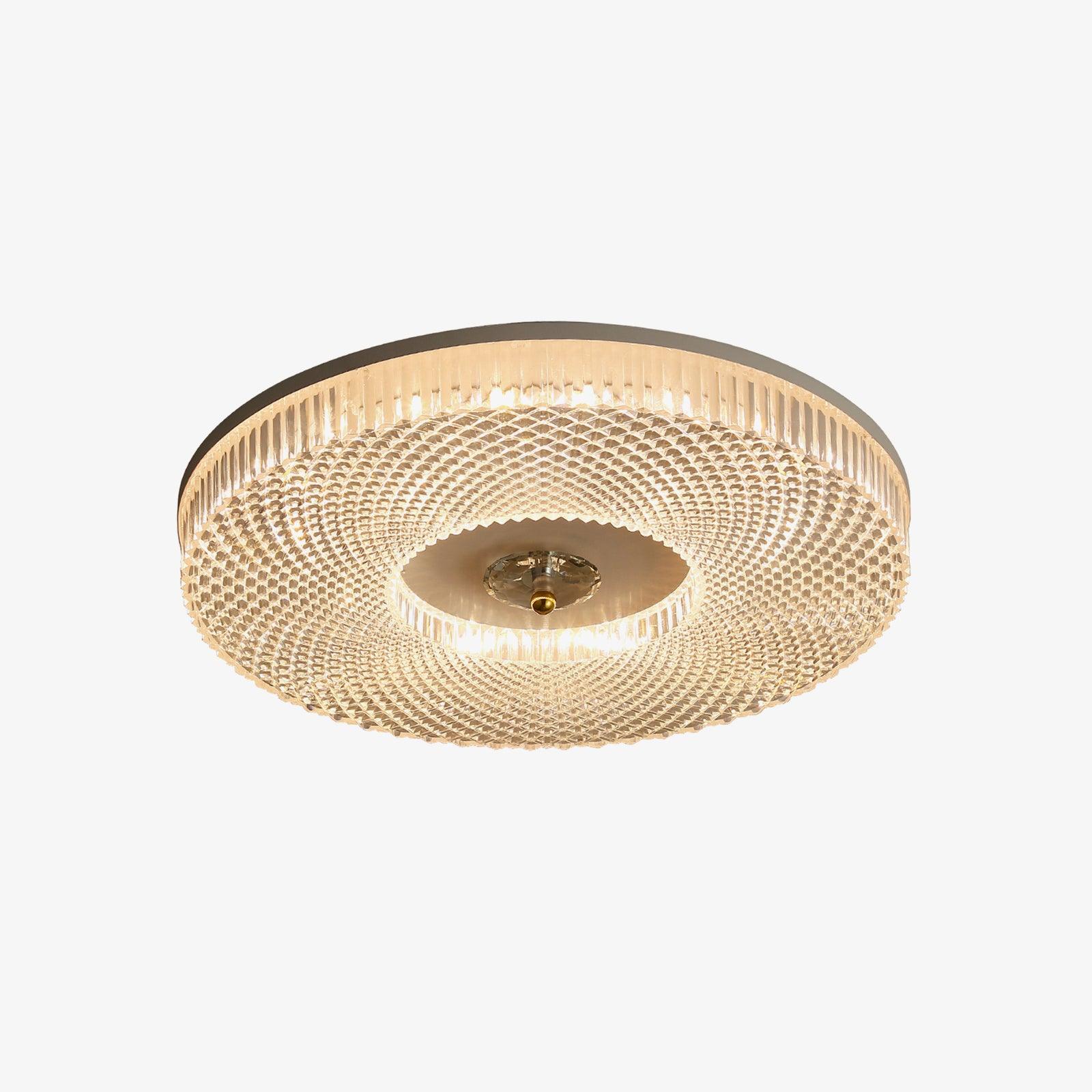 Round flush mount ceiling light glowing in a living space