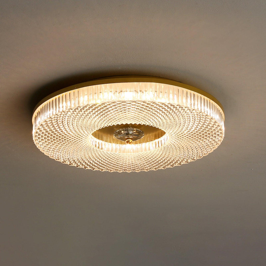 Flush mount ceiling light lit in a modern living room