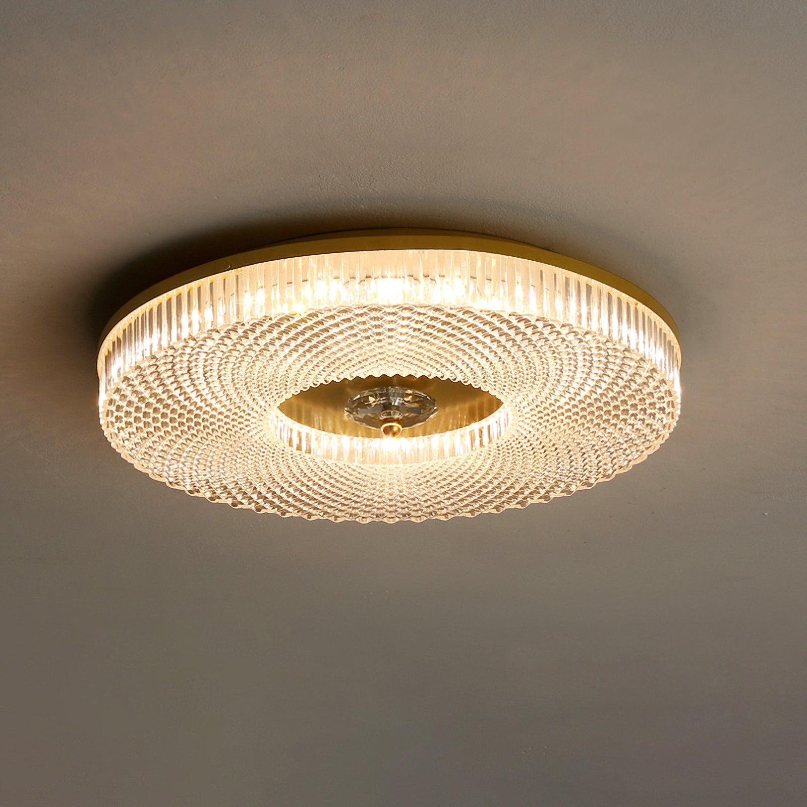 Flush mount ceiling light lit in a modern living room
