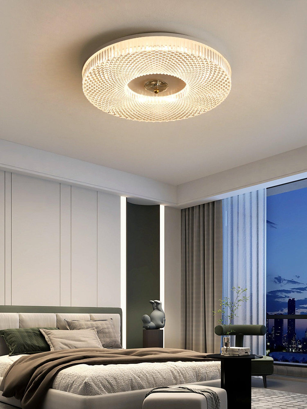 Round flush mount ceiling light with white diffuser lit