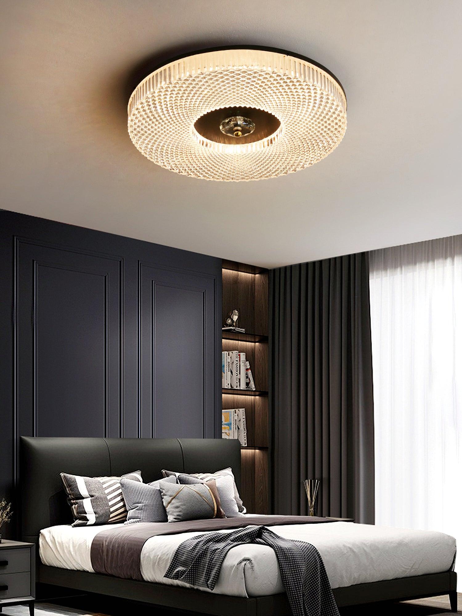 Slim flush mount ceiling light casting even light in a room