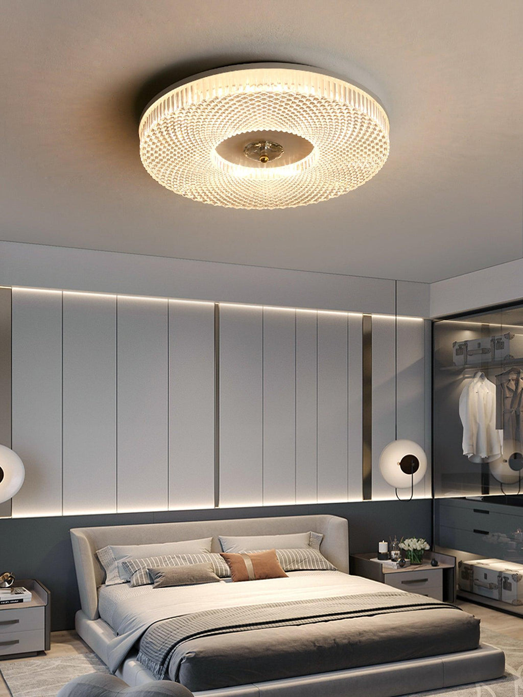 Round flush mount ceiling light glowing in a hallway