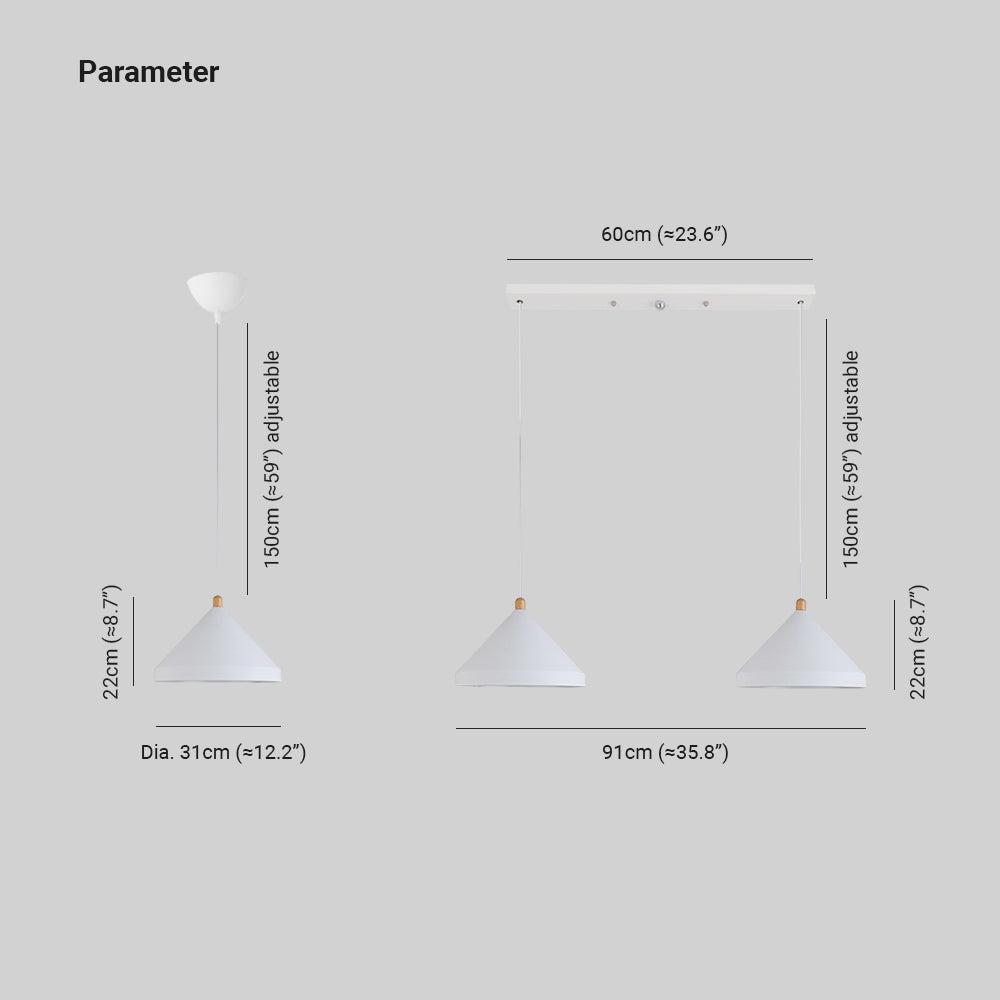 Dimension drawing for the Clérachic cone pendant: Dia. 31cm (≈12.2″), 22cm (≈8.7″) high, 150cm (≈59″) cord; 2-light bar 60cm (≈23.6″), span 91cm (≈35.8″).