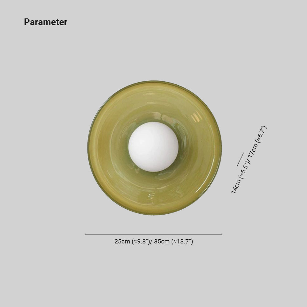 Dimension drawing for the Clérachic coloured glass drum ceiling light, 25cm (≈9.8″) or 35cm (≈13.7″) wide and 14cm (≈5.5″) or 17cm (≈6.7″) deep.