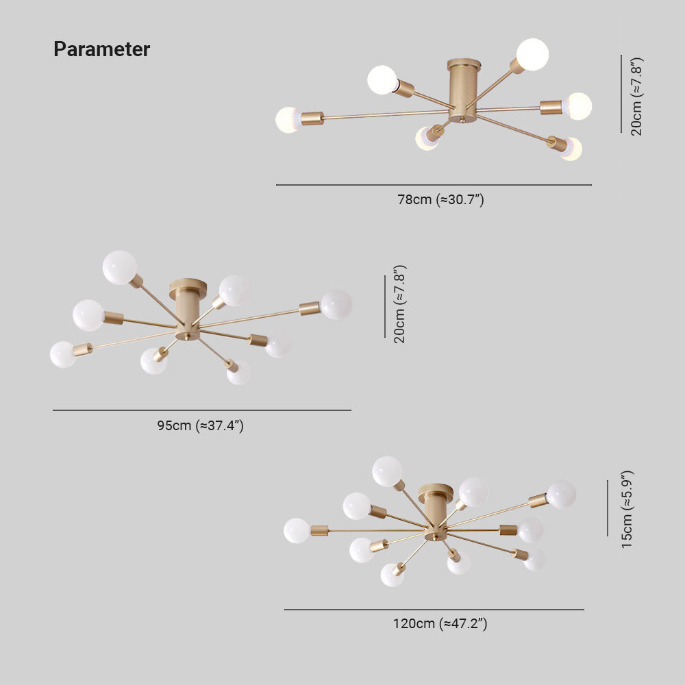 Dimension drawing for the Clérachic Sputnik Globe Ceiling Light showing 78 cm (30.7″), 95 cm (37.4″), and 120 cm (47.2″) spans.