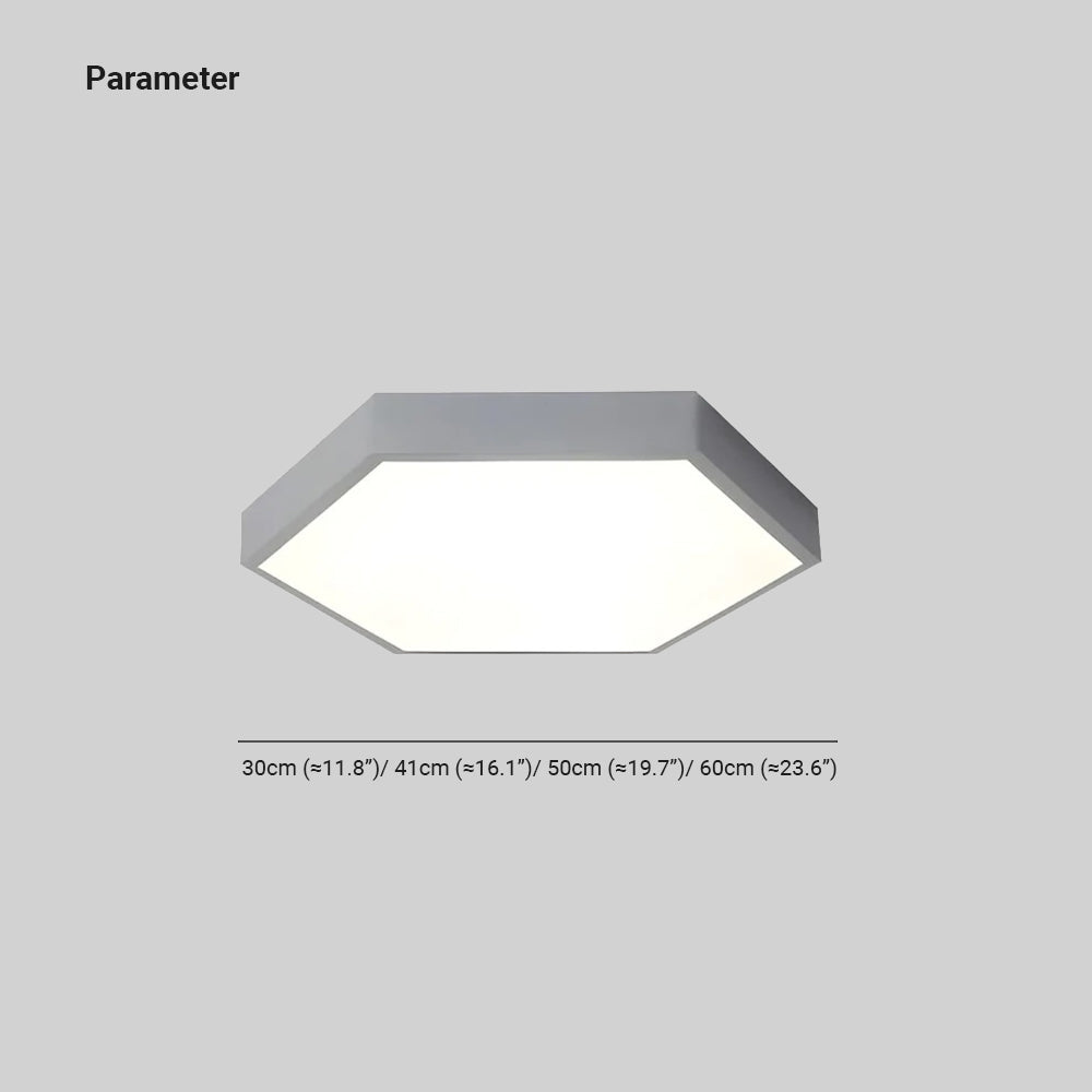 Dimension drawing for the Clérachic hexagon ceiling light: 30 cm / 11.8 in, 41 cm / 16.1 in, 50 cm / 19.7 in, 60 cm / 23.6 in.