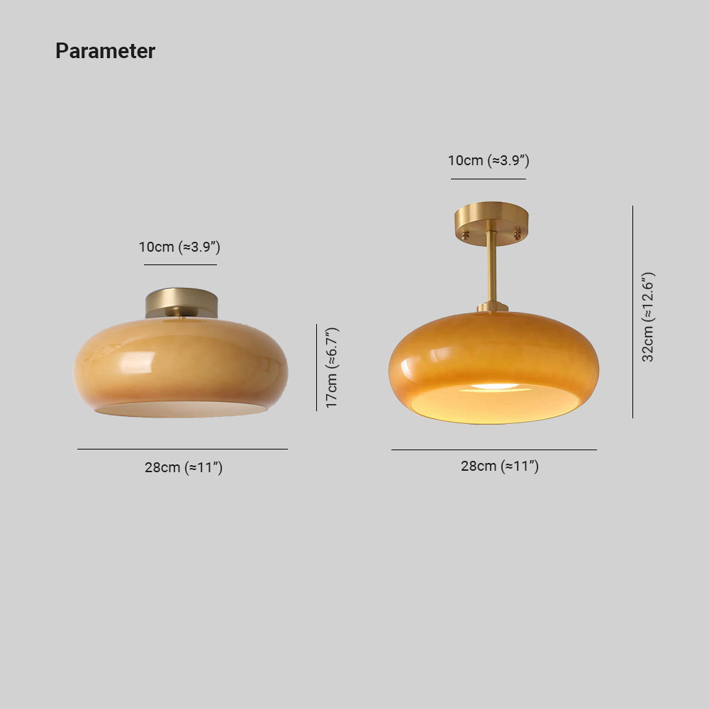 Dimension drawing for the Clérachic Puffed Oval Ceiling Light: 28cm (11″) shade, 10cm (3.9″) canopy, 17cm (6.7″) flush or 32cm (12.6″) drop.