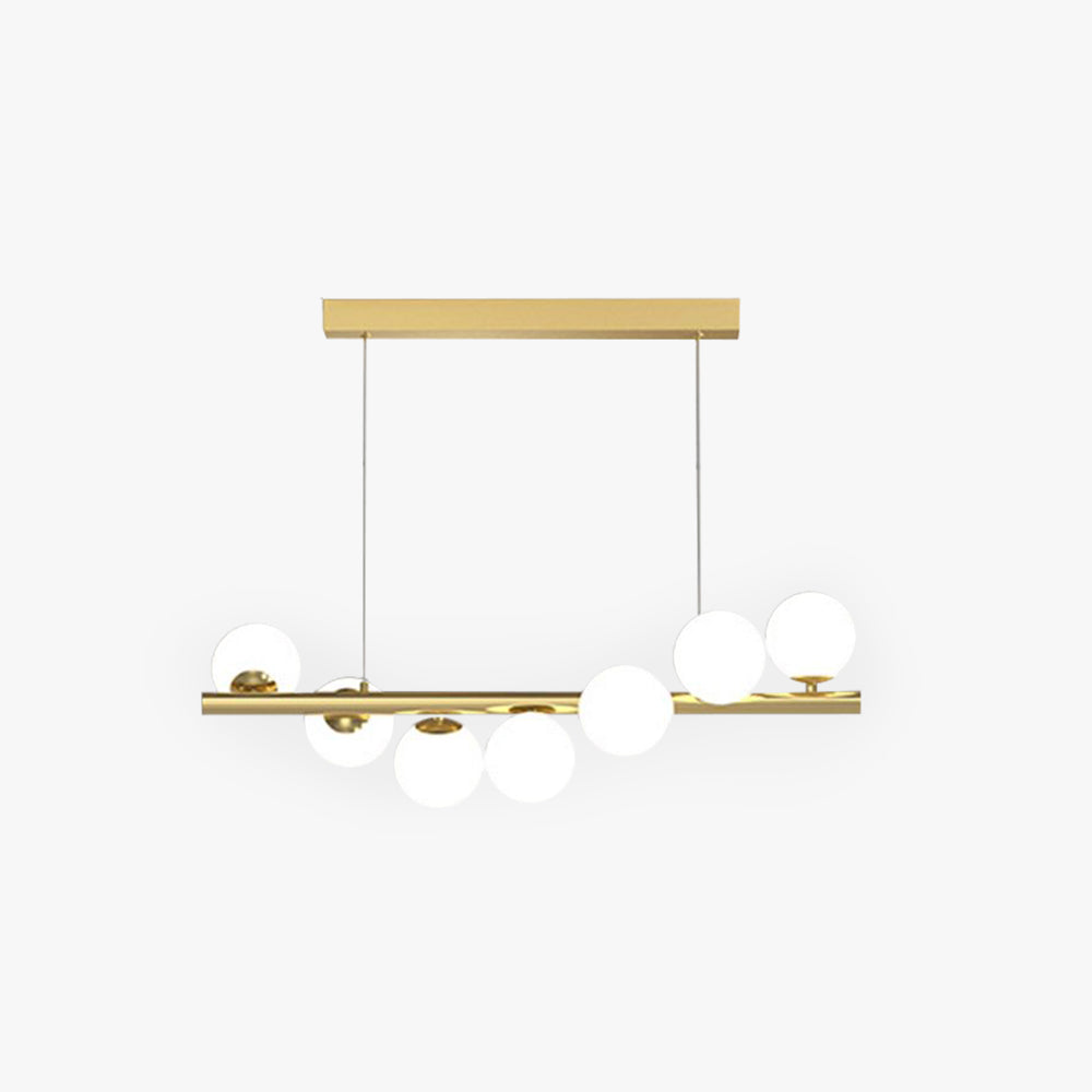 Product photograph of the gold Clérachic Frosted Globe Linear Pendant Light, its frosted globes staggered along the bar.