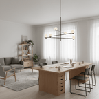 Black Baer pendant light with white glass globes glowing