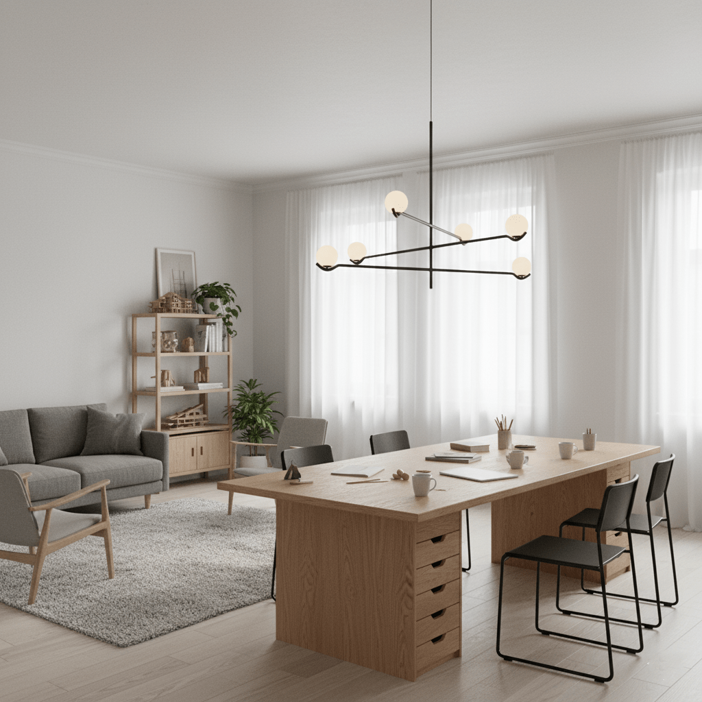 Black Baer pendant light with white glass globes glowing