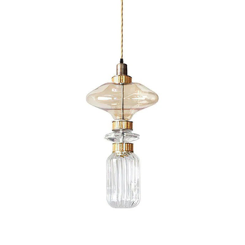 Handcrafted glass pendant light casting soft amber light