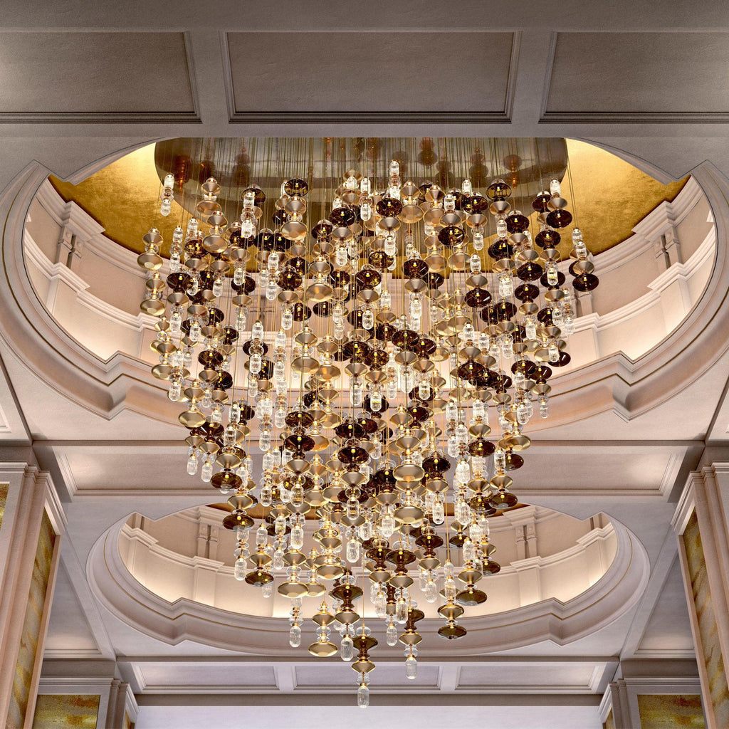 Glass pendant light glowing warm in a contemporary room