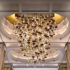 Glass pendant light glowing warm in a contemporary room