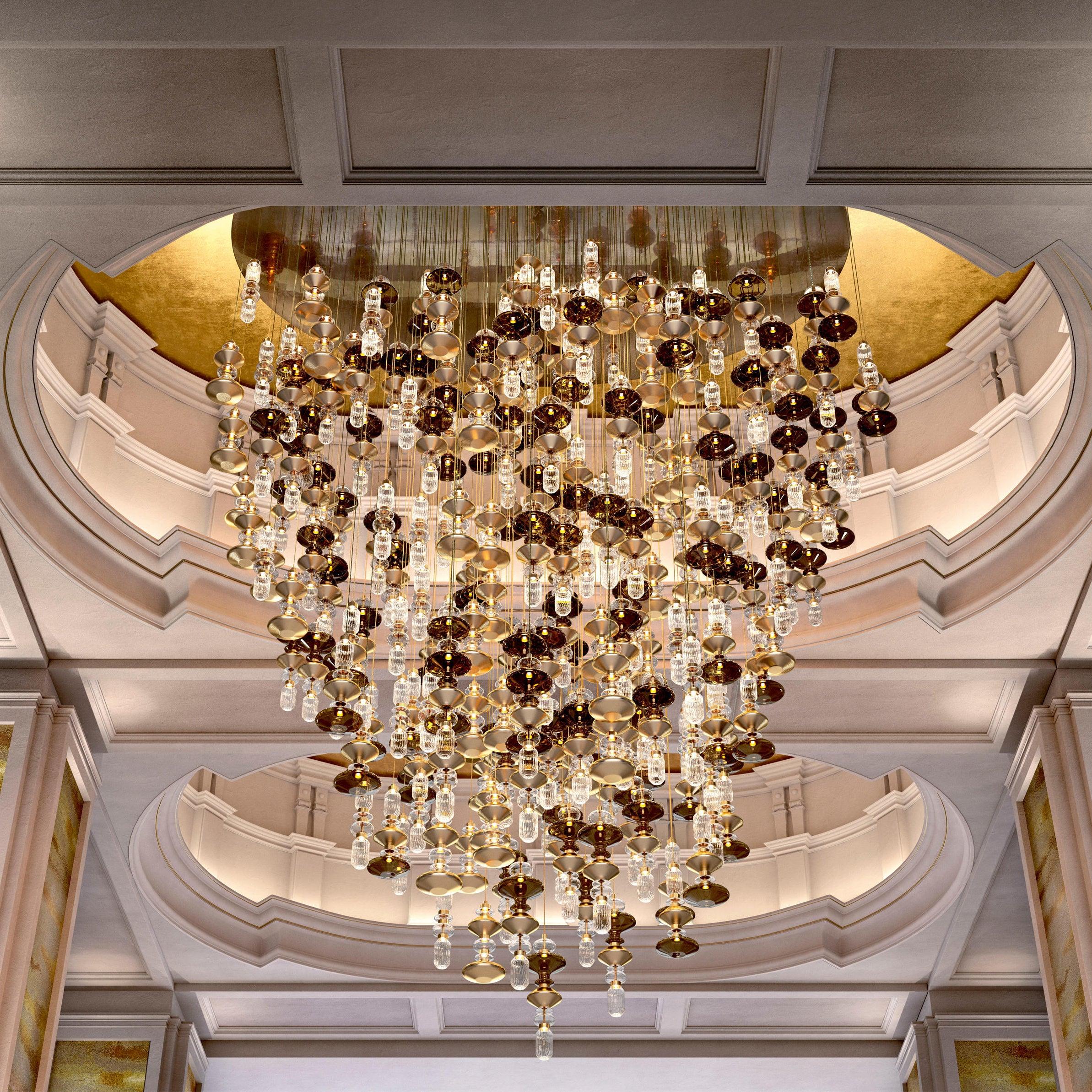 Glass pendant light glowing warm in a contemporary room