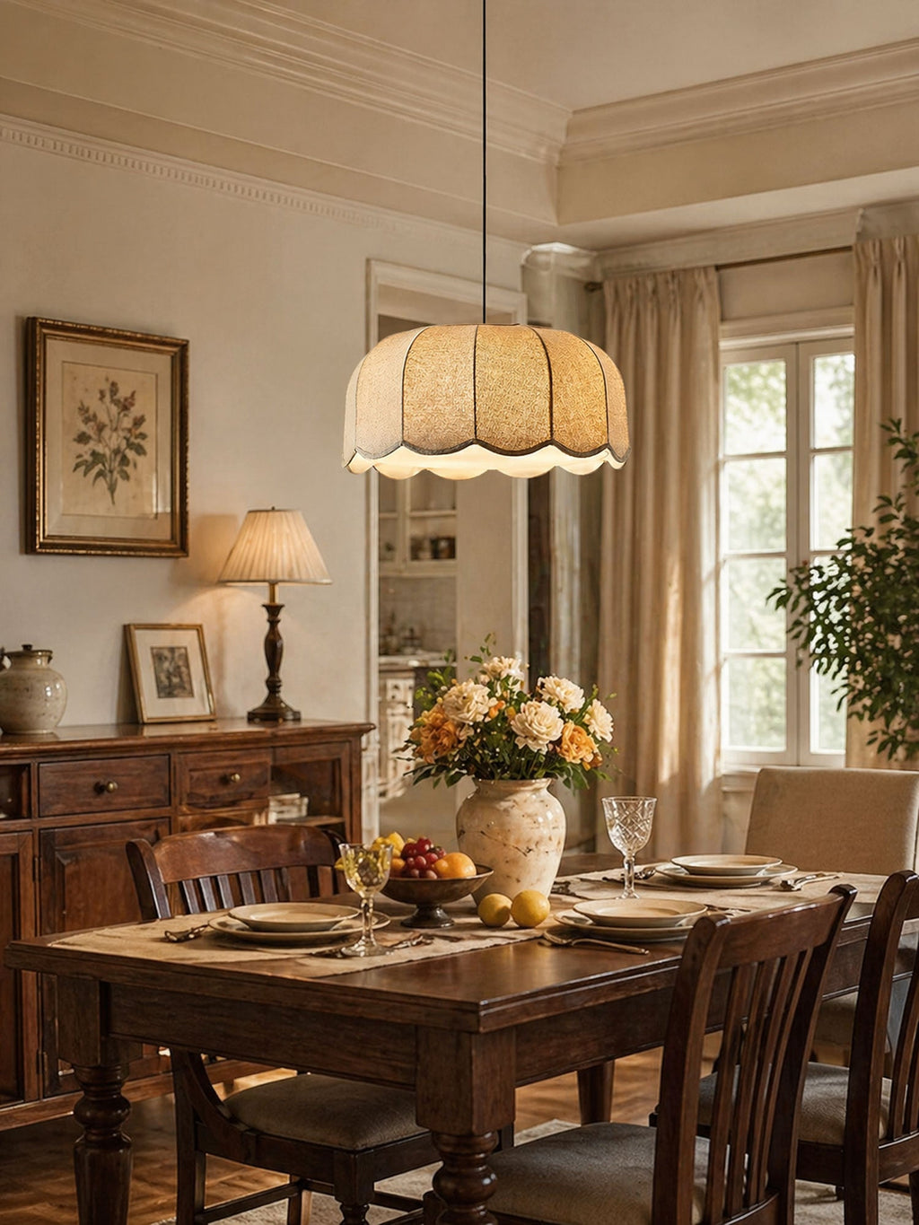 Above a dark wood dining table set with plates, glasses and fresh flowers hangs this beige Clérachic pendant lamp.