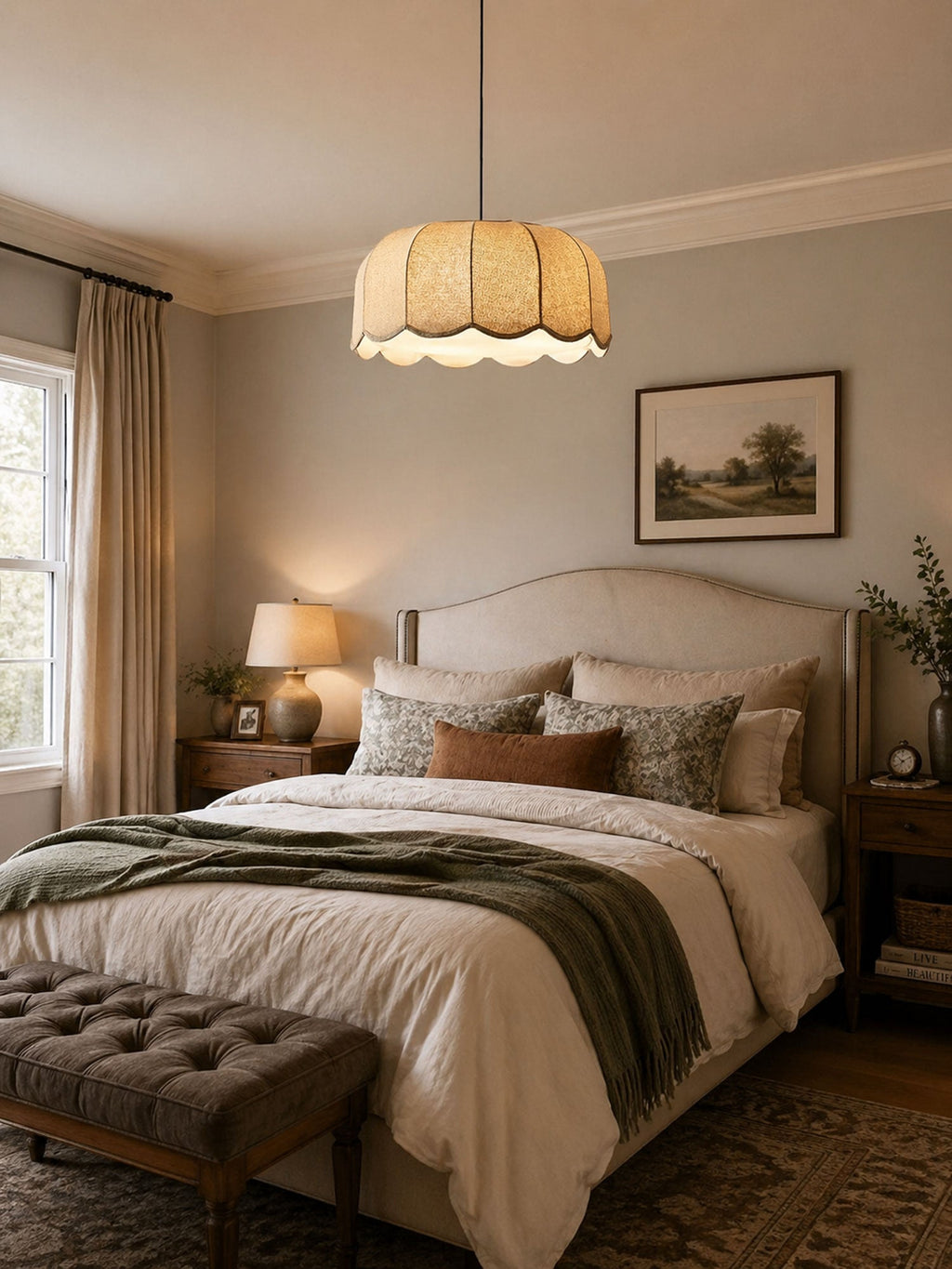 Near a framed landscape print in a softly lit bedroom, this beige Clérachic pendant lamp hangs from its cord.