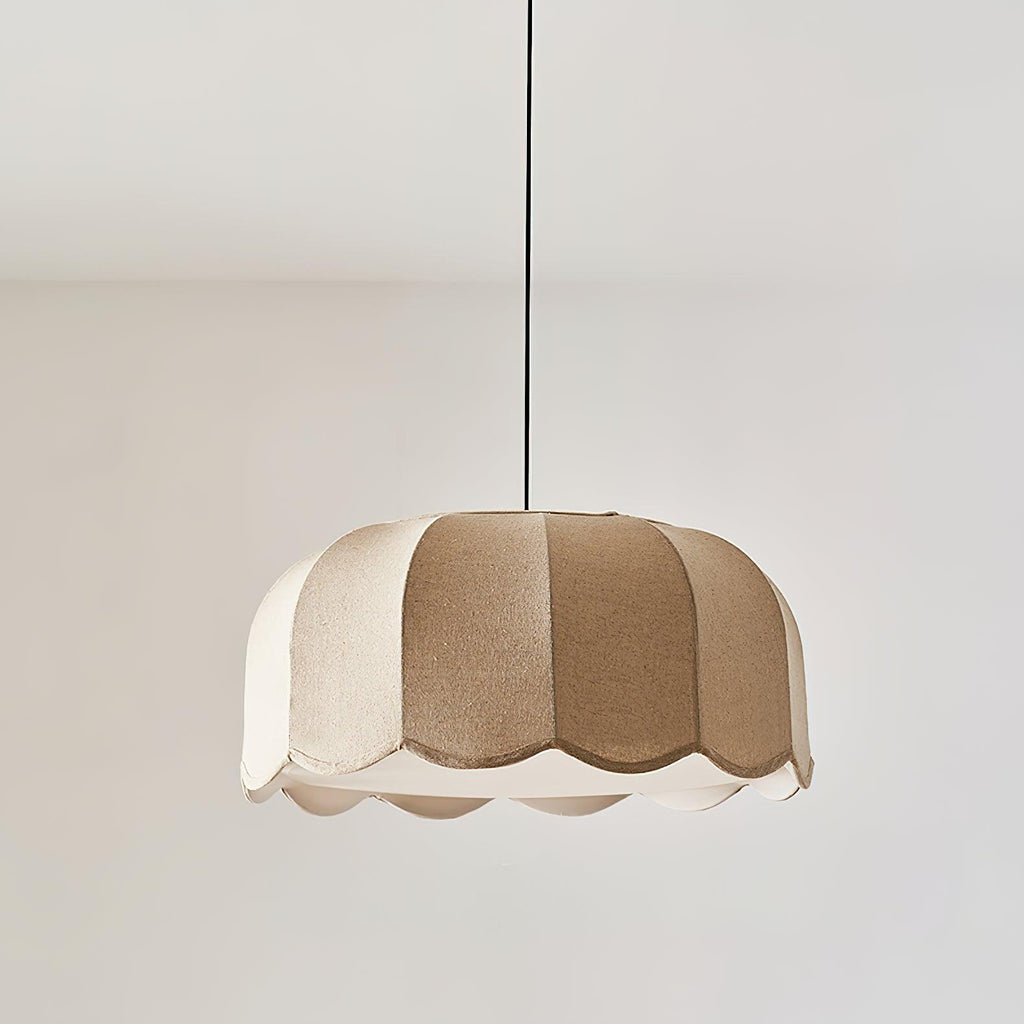 This Clérachic pendant lamp's fabric panels alternate cream and taupe, shown unlit on a plain backdrop.