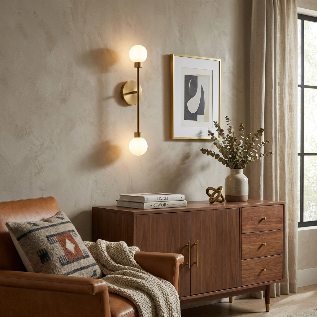 This Clérachic sconce in brass finish is lit above a walnut sideboard beside a leather armchair with a patterned pillow.
