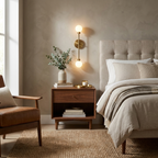 This Clérachic sconce in brass finish lights a nightstand beside a bed with a tufted linen headboard.