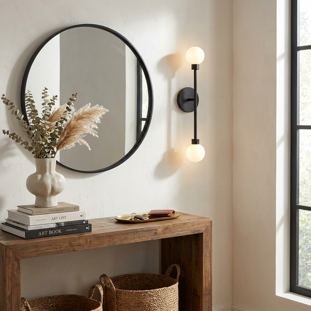 Beside a round black-framed mirror, this Clérachic sconce in black finish lights a console table with woven baskets.