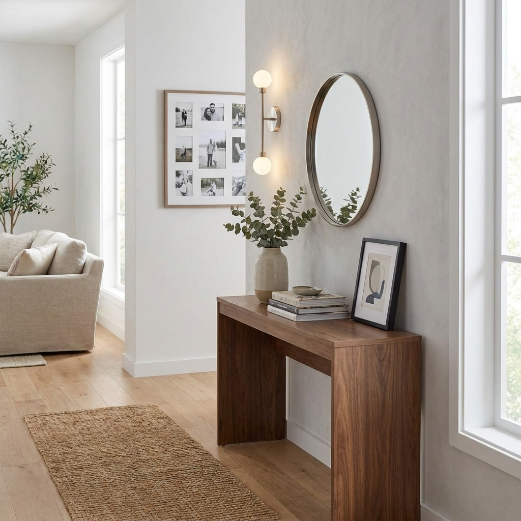 In an entryway, this Clérachic sconce in brass finish hangs beside a round mirror above a console table.