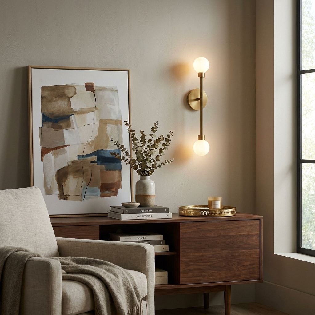 Beside an abstract framed print, this Clérachic sconce in brass finish lights a walnut sideboard below.