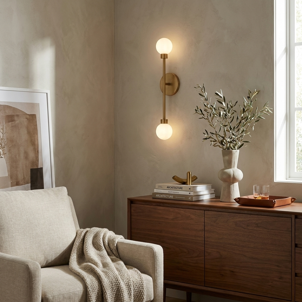 This Clérachic sconce in brass finish hangs above a walnut sideboard, a cream armchair with a throw beside it.