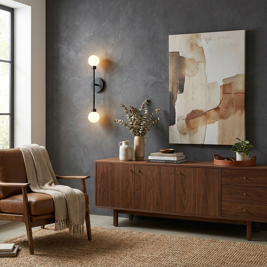 Against a dark charcoal wall, this Clérachic sconce in black finish lights a walnut sideboard beneath an abstract print.