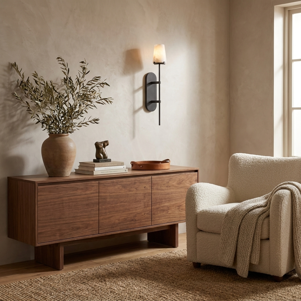 A black Clérachic sconce lights an entry wall above a walnut sideboard dressed with olive branches and a ceramic vase.