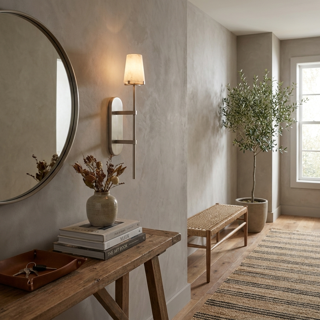 In a hallway, this brass Clérachic wall sconce lights the wall beside a round mirror and a wood bench.