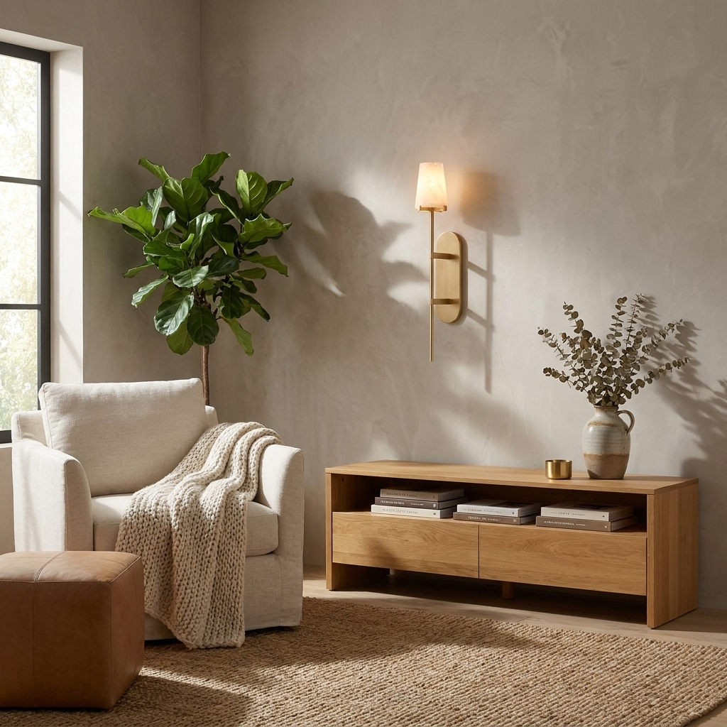A brass Clérachic sconce glows above a wood media console, beside a fiddle-leaf plant and a cream armchair.