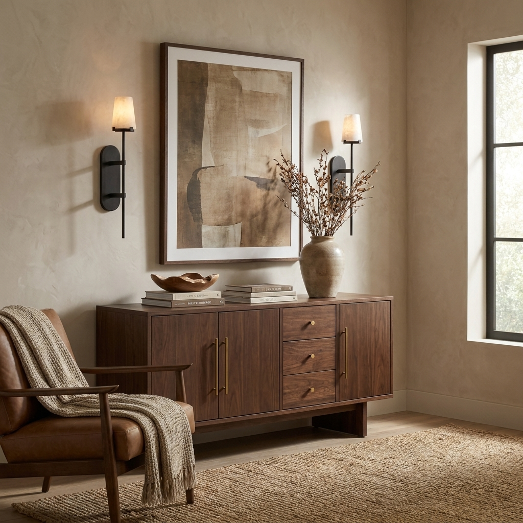 Two matte-black Clérachic wall sconces flank a framed abstract print above a walnut sideboard dressed with pampas grass.