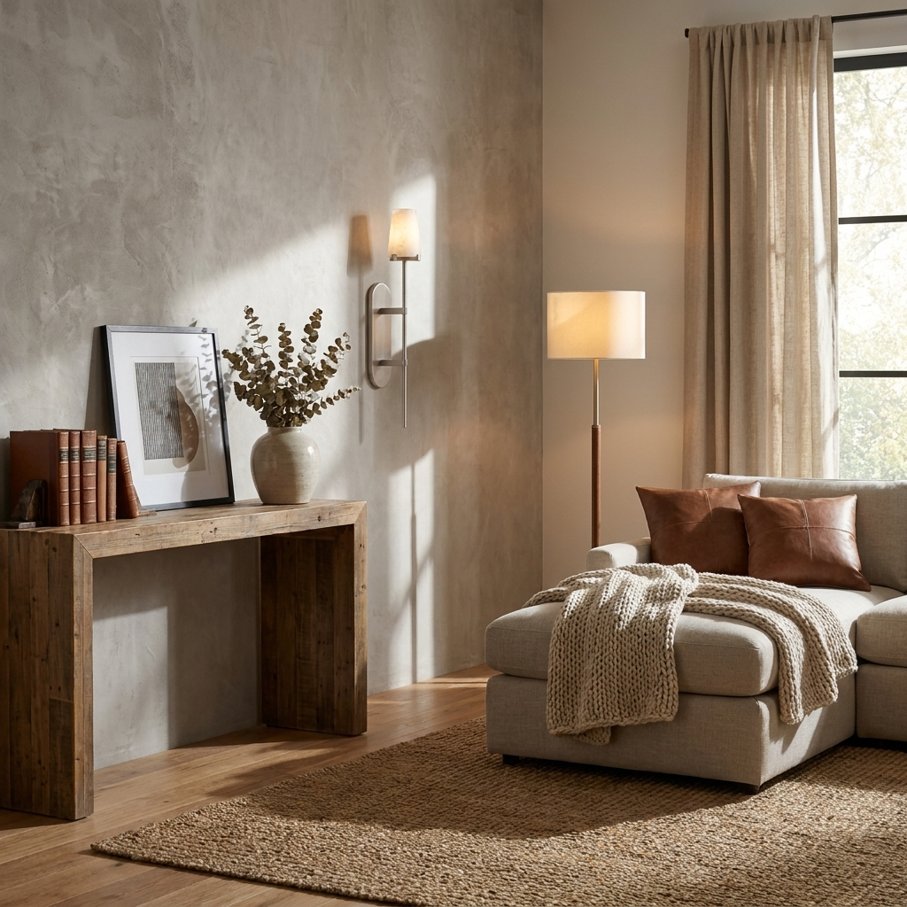 A brushed-nickel Clérachic sconce lights a living room wall above a reclaimed-wood console table beside a floor lamp and sofa.