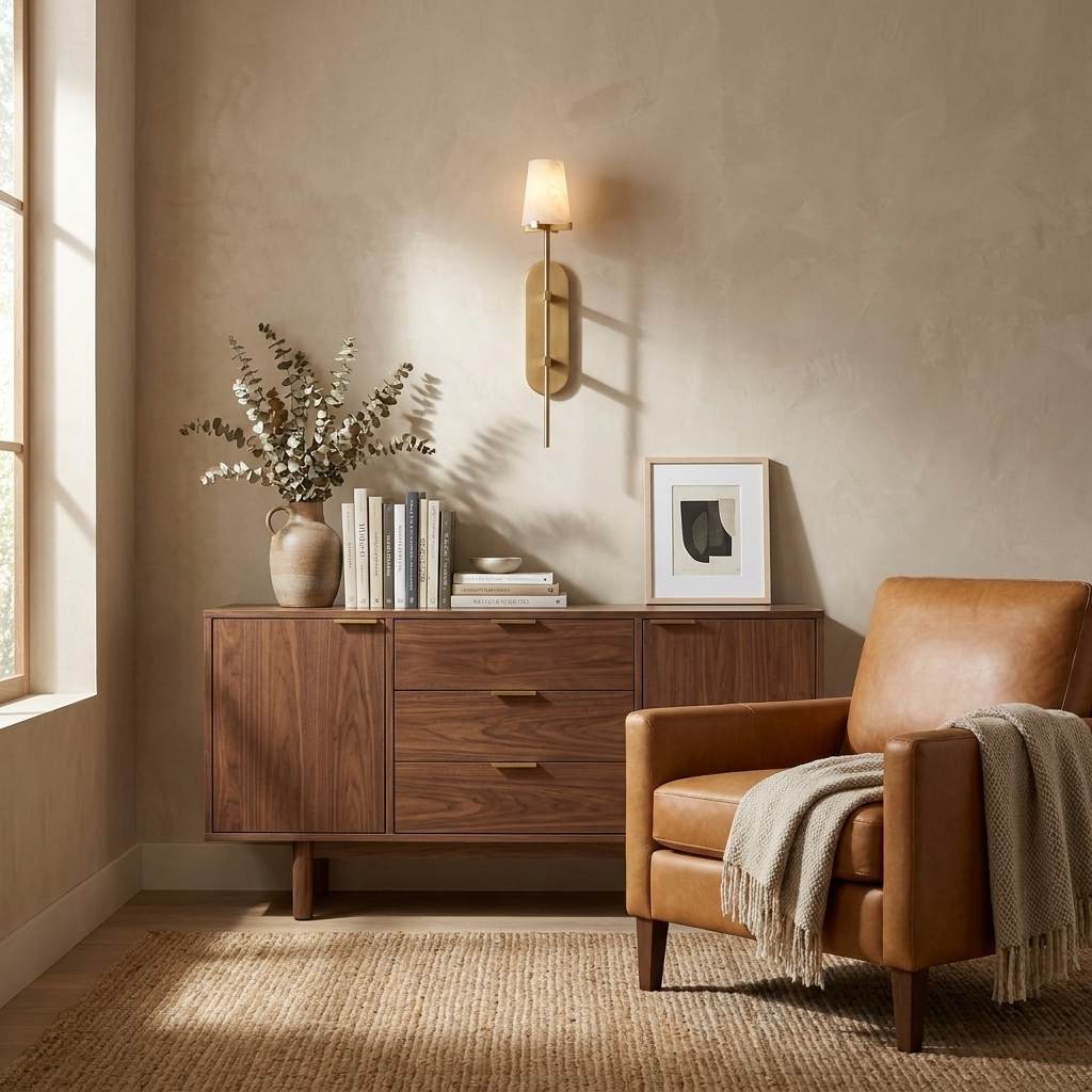 This brass Clérachic sconce glows above a walnut sideboard styled with eucalyptus stems, books, and a framed print, beside a tan leather armchair.