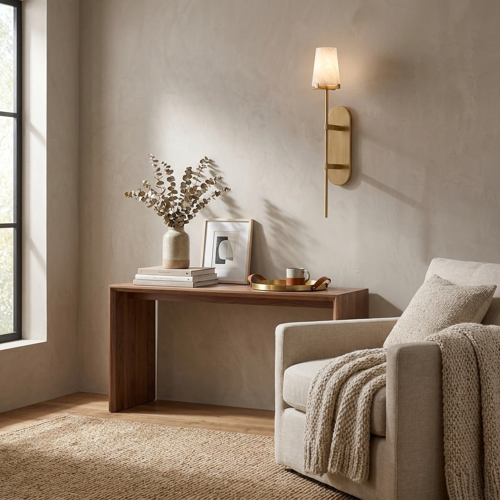 A brass Clérachic sconce lights a living room wall above a wood console table beside a cream armchair.