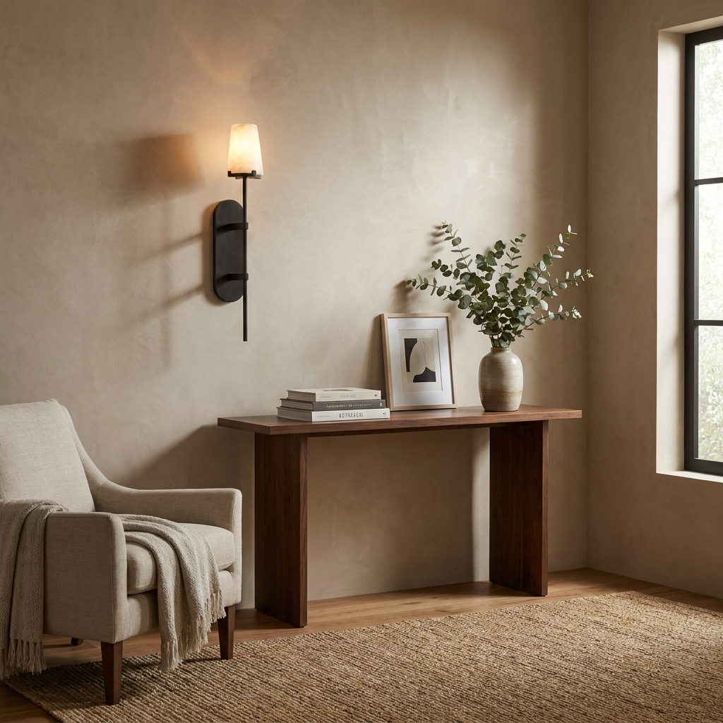 Mounted in black, this Clérachic sconce lights a slim console table topped with a vase, books, and a framed print, beside a cream armchair.