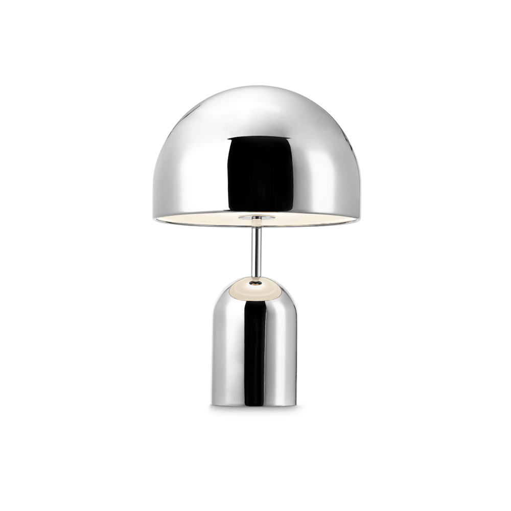 An isolated shot of this Clérachic table lamp in chrome, dome shade and cylindrical base on white.