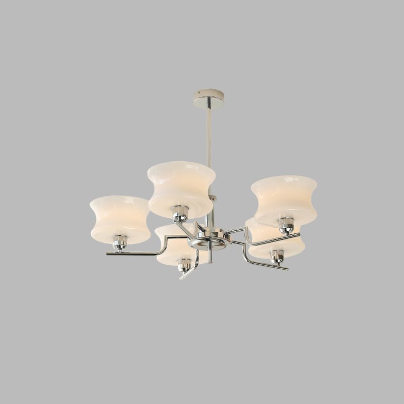 Vintage globe chandelier suspended from an extendable ceiling rod