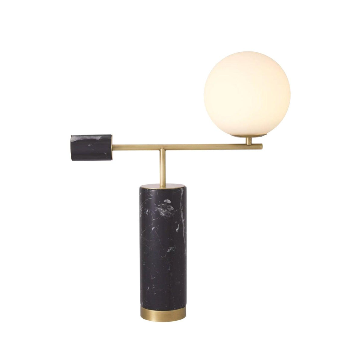 A Clérachic desk lamp stands on white with its glass globe shown unlit, revealing the black marble counterweight and base.
