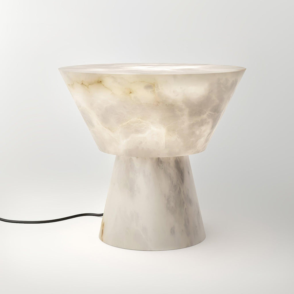 Tall studio shot of the Clérachic alabaster table lamp on white, showing the full grey-veined stone base.