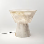 Tall studio shot of the Clérachic alabaster table lamp on white, showing the full grey-veined stone base.