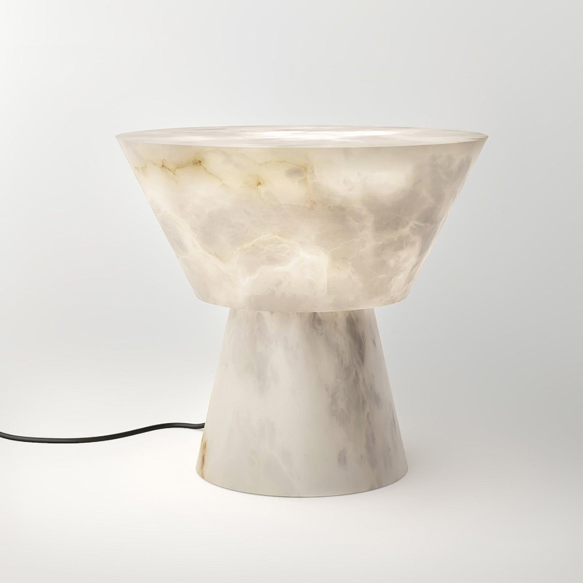 Tall studio shot of the Clérachic alabaster table lamp on white, showing the full grey-veined stone base.