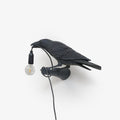 Isolated on light grey, this black Clérachic bird lamp shows its full mount and cord with the bulb glowing warm.