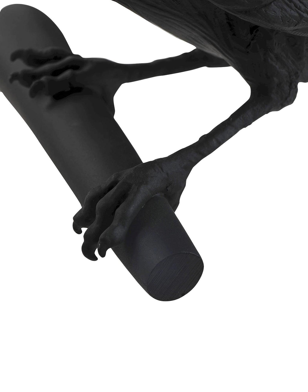 Close view of the clawed feet gripping the black cylindrical wall mount on this Clérachic bird lamp.