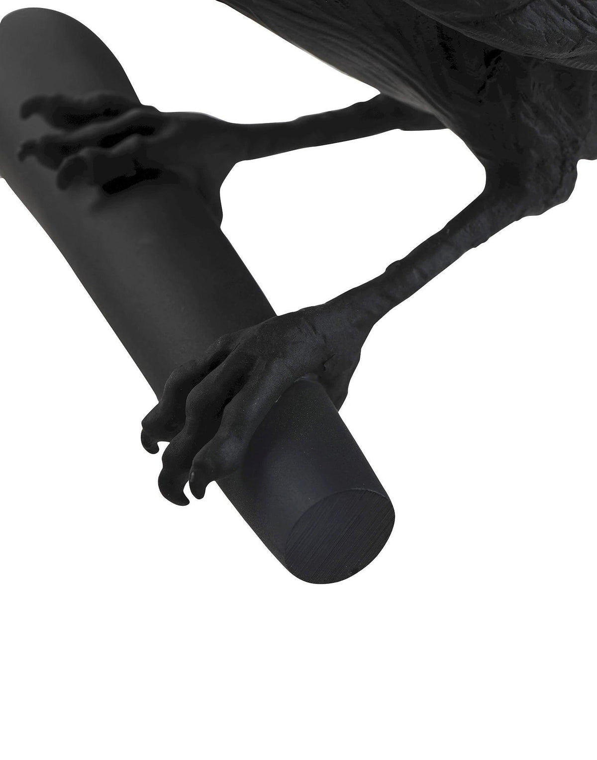 Close view of the clawed feet gripping the black cylindrical wall mount on this Clérachic bird lamp.