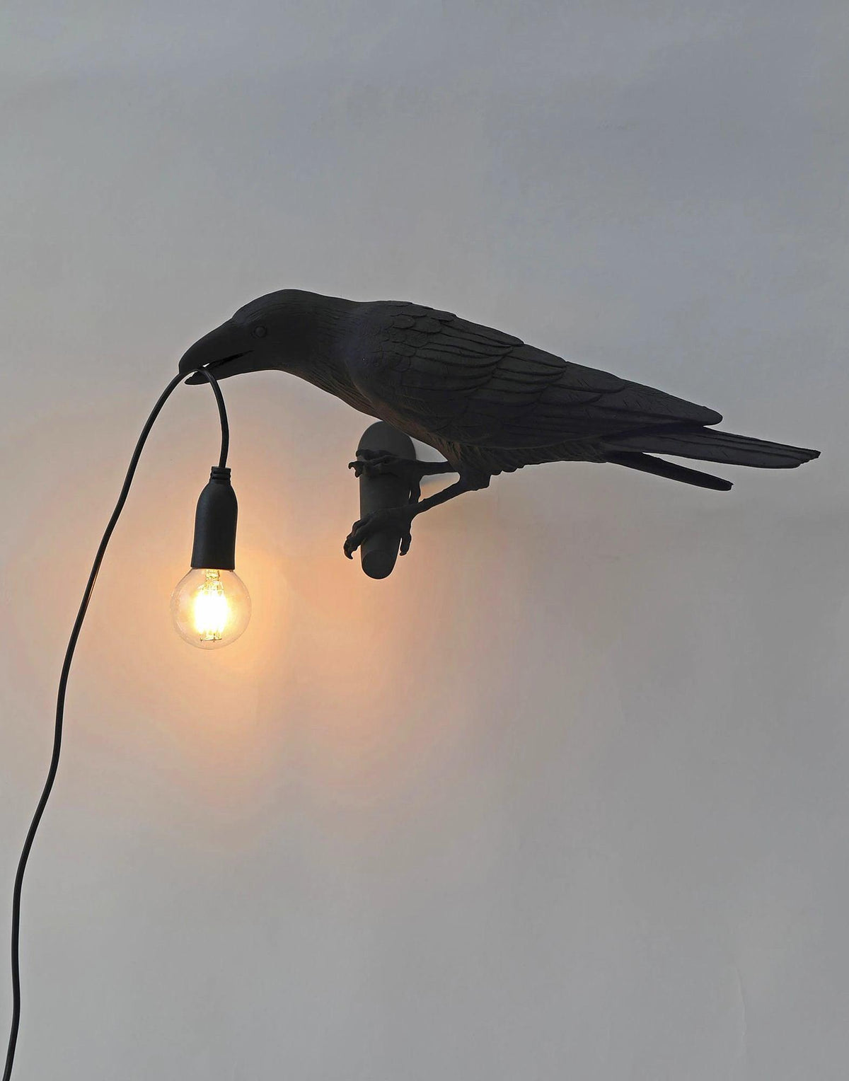 Against a plain grey wall, this black Clérachic bird lamp throws warm light and a soft shadow beside it.