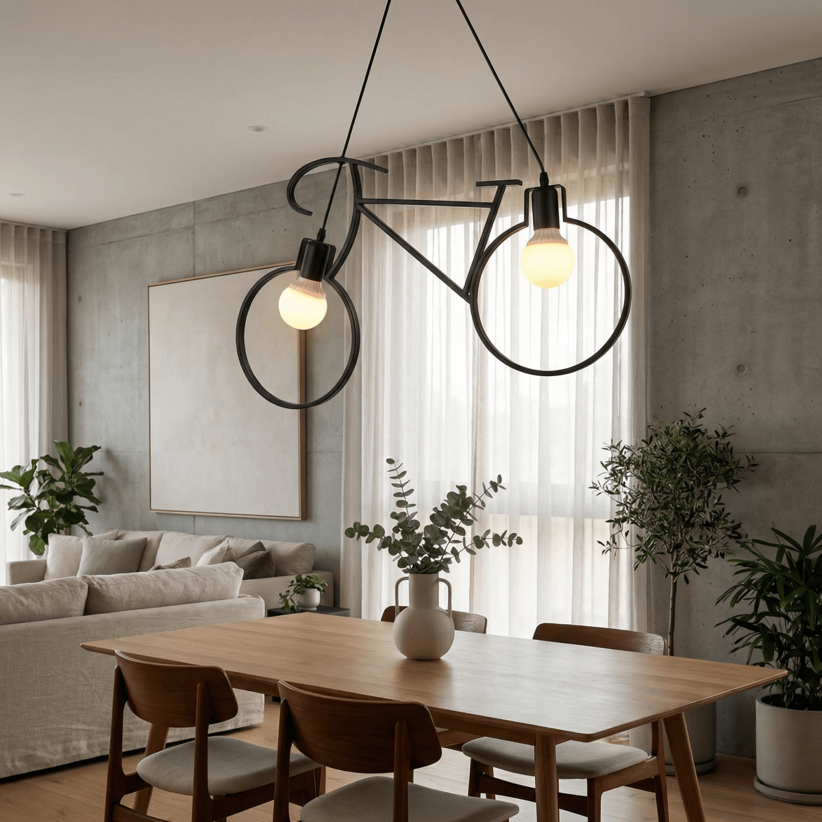 Luminária Pendente com Estrutura de Bicicleta em Ferro Preto, Design Nórdico de Dois Lumes, 12 Polegadas