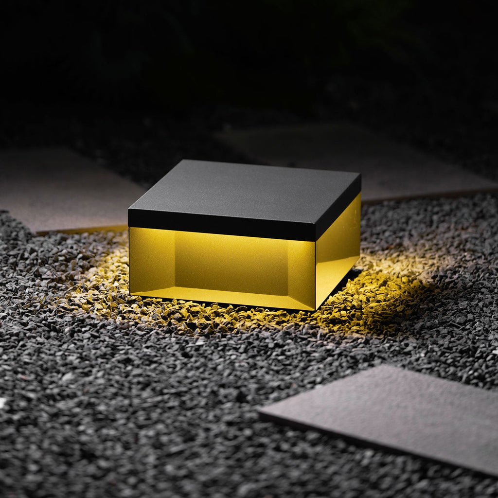 Black box outdoor light detail showing sandblasted finish