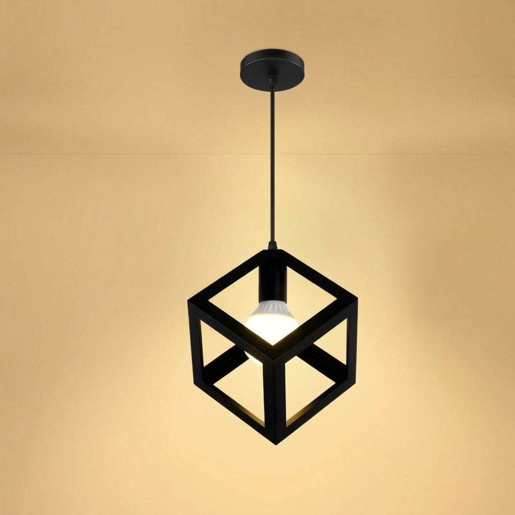 Pendant Light, Open Cube Iron Frame, 12-Inch Industrial Style