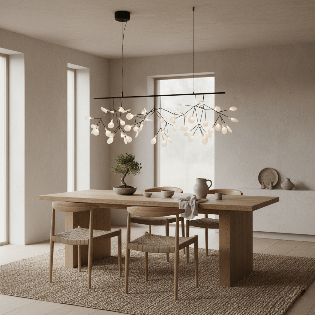 Black branch chandelier with delicate glowing tips lit warmly